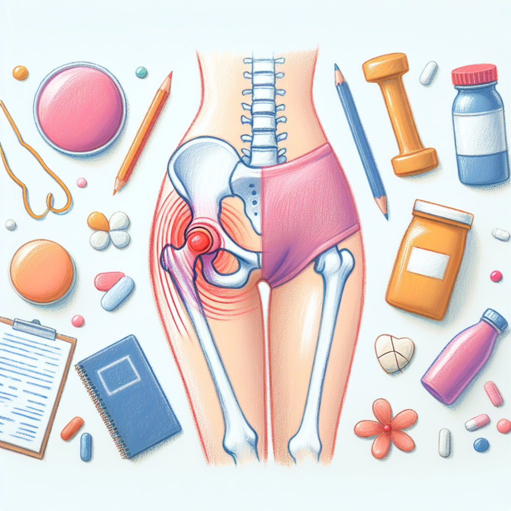 Colorful medical illustration of a hip joint and pelvis, surrounded by pills, bottles, and medical tools.