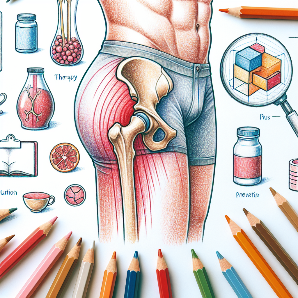 Illustrated anatomy of the hip, pelvis, and upper leg with surrounding medical doodles and colored pencils around the border.