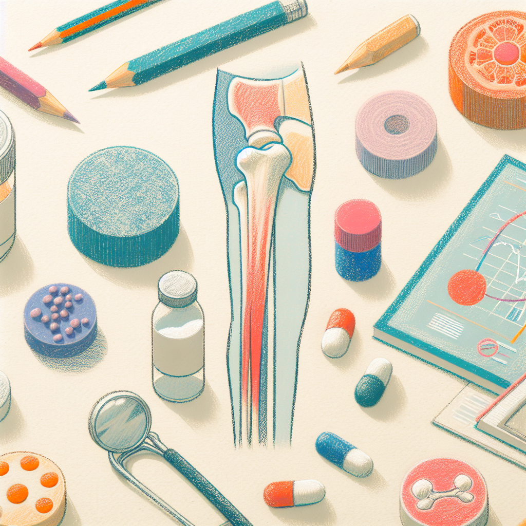 Cross-section of a leg bone showing the knee joint, surrounded by medical items (pills, bottle, stethoscope, tape) for medical study.