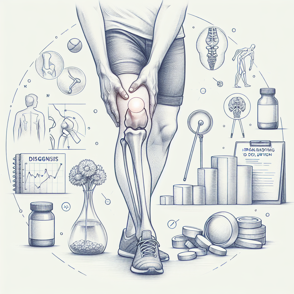 Person clutching their knee in pain, surrounded by medical diagrams, pills, and charts about knee injury treatment.