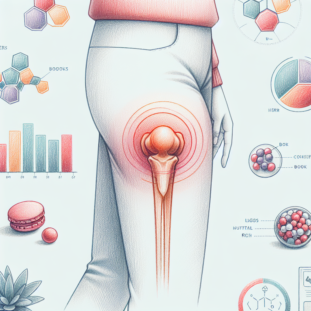 Illustration of a leg focusing on the knee joint with red concentric circles to show pain or focus, surrounded by medical diagrams.