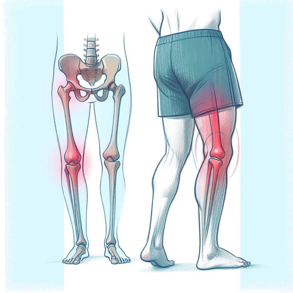 Two-panel diagram: left shows leg bones with red areas at the knees; right shows a person standing with the knee shaded red to indicate pain or inflammation.