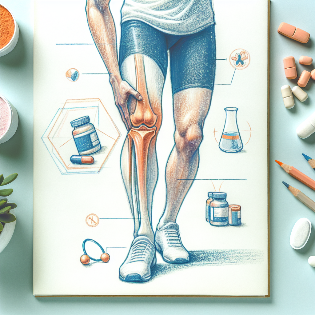Detailed diagram of knee anatomy in the leg, with surrounding medical icons such as pills and laboratory equipment on the page edges.