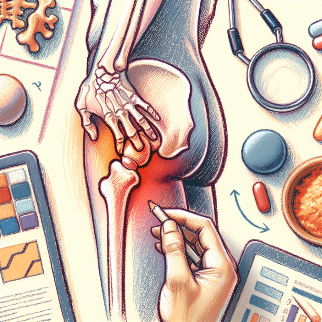 An anatomical drawing of a knee joint showing bones and cartilage, with a clinician marking the area with a pencil amid surrounding medical tools and charts