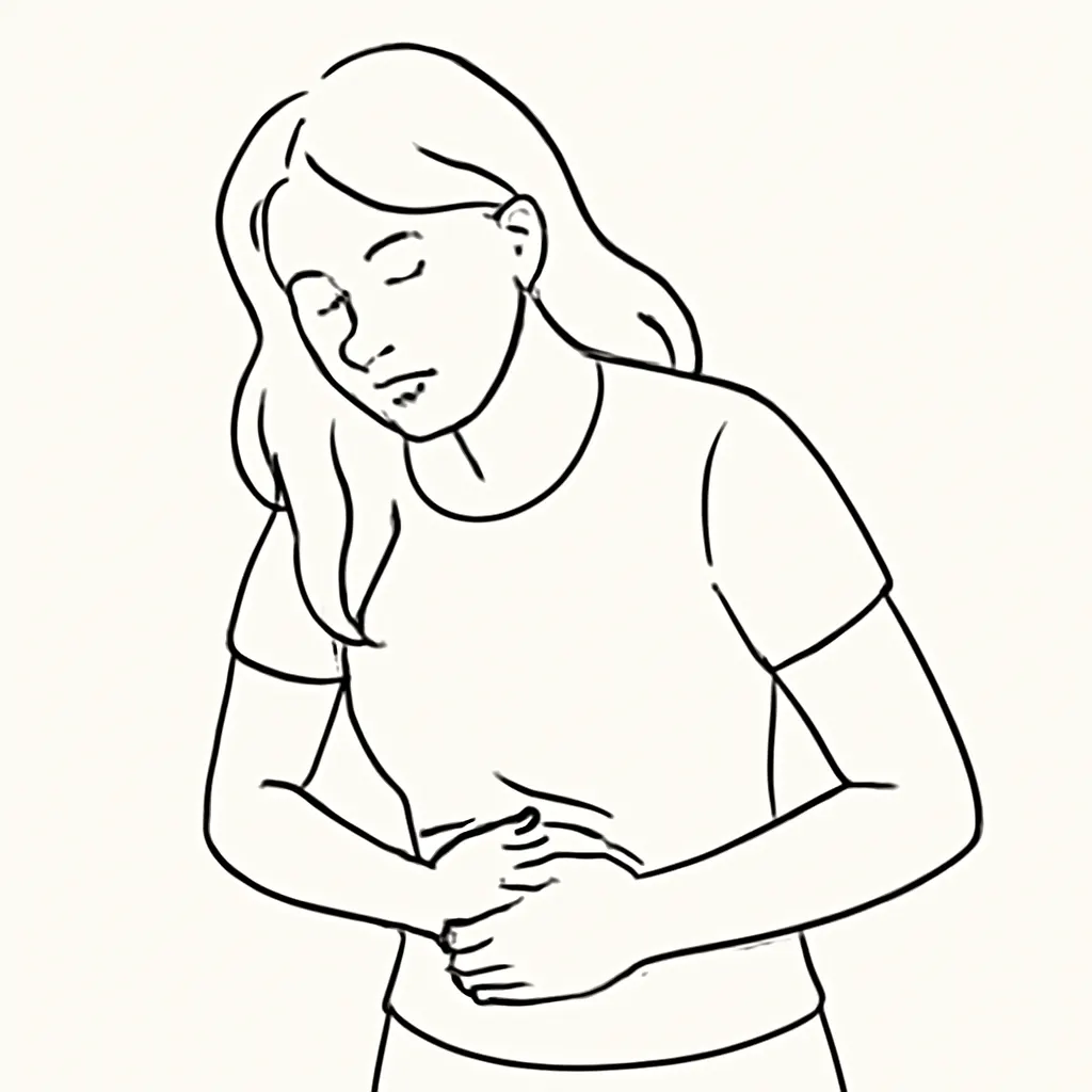 Line drawing of a woman clutching her stomach in discomfort, indicating abdominal pain.**