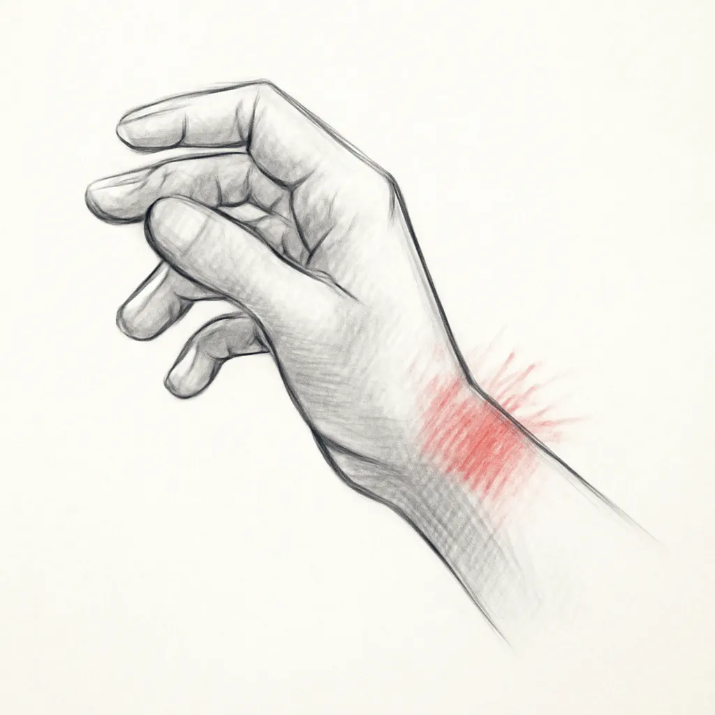 Sketch of a hand with a red irritated patch on the inner wrist, suggesting a rash.