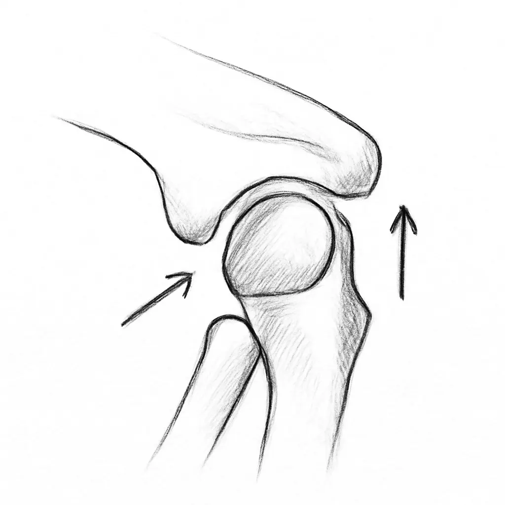 Pencil sketch of a knee joint (patella, femur, tibia) with arrows showing knee flexion/extension and anterior movement of the patella.