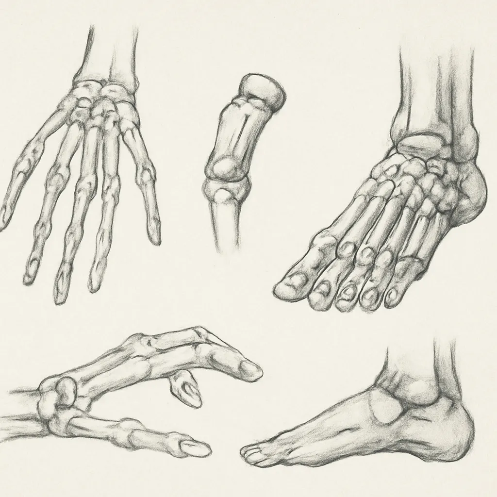 Anatomy sketch of human hand and foot bones from multiple angles, showing finger, toe bones and ankles.