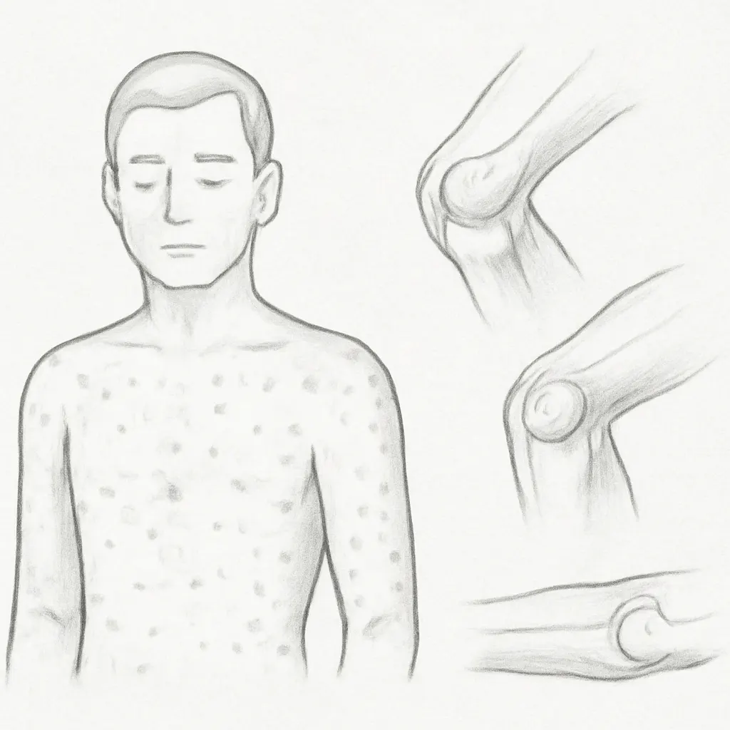 Sketch of a man with a widespread dotted rash on the torso and close-ups of an elbow and knee joint.