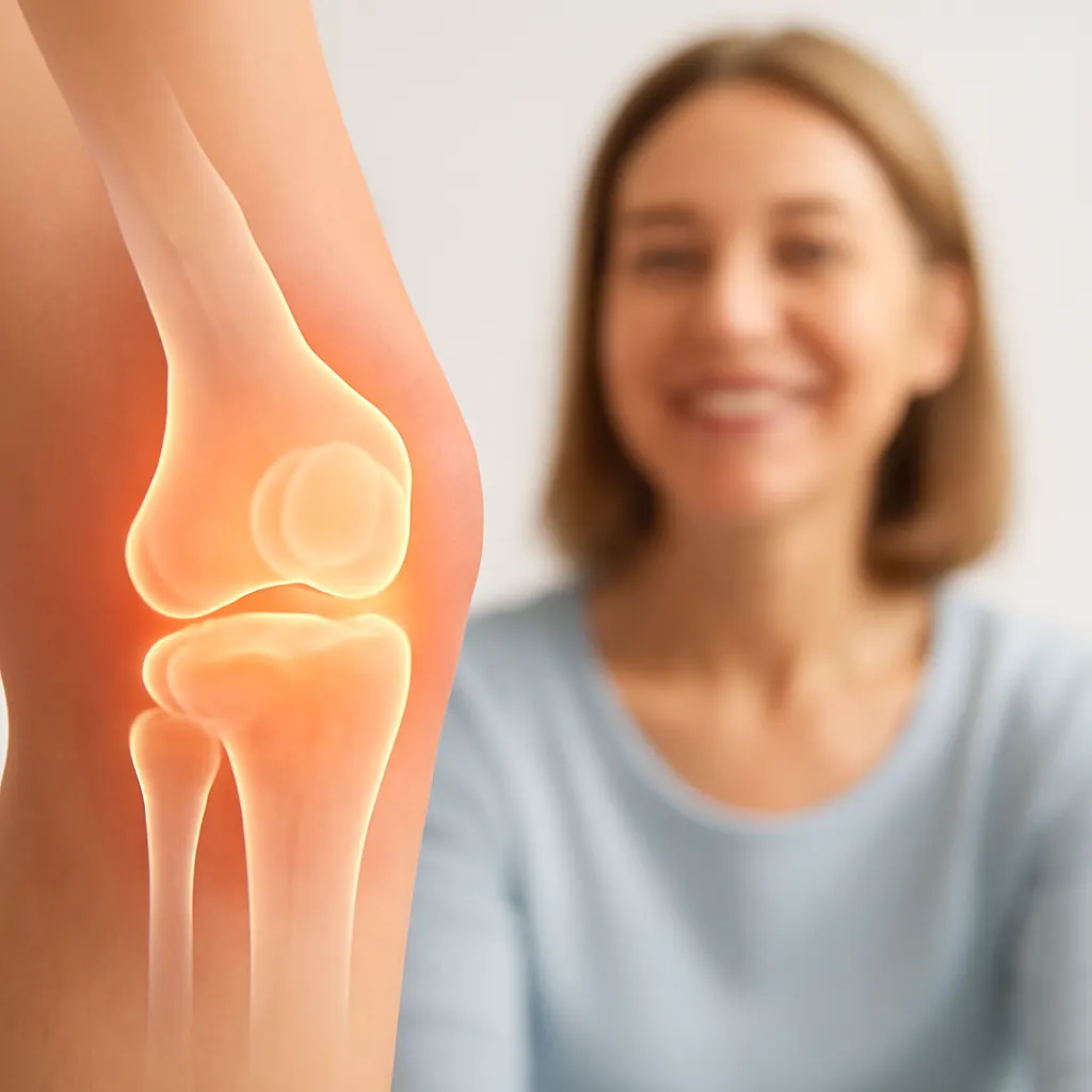 Medical illustration of a knee joint with the inflamed area highlighted, with a smiling person blurred in the background.
