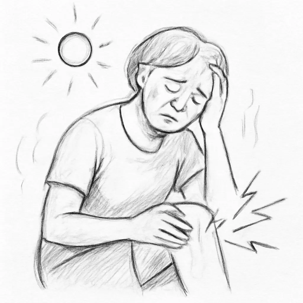 Sketch of a man in pain, holding his knee and touching his head as if suffering from knee discomfort. A sun is drawn in the background.